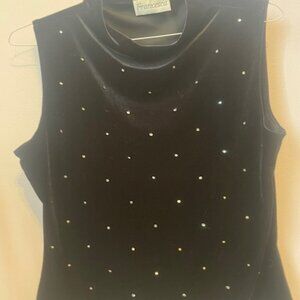 Francesca, Black velvet, tank top w/rhinestone accents, cowl neck, XL